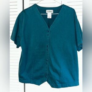 L.L. Bean Green Blue Short Sleeve Button Up Top Women’s XL